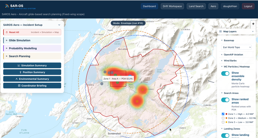SAROS Aero showing a Monte Carlo probability heatmap inside a terrain-constrained glide envelope, with ranked search areas and per-zone POA for an overdue aircraft
