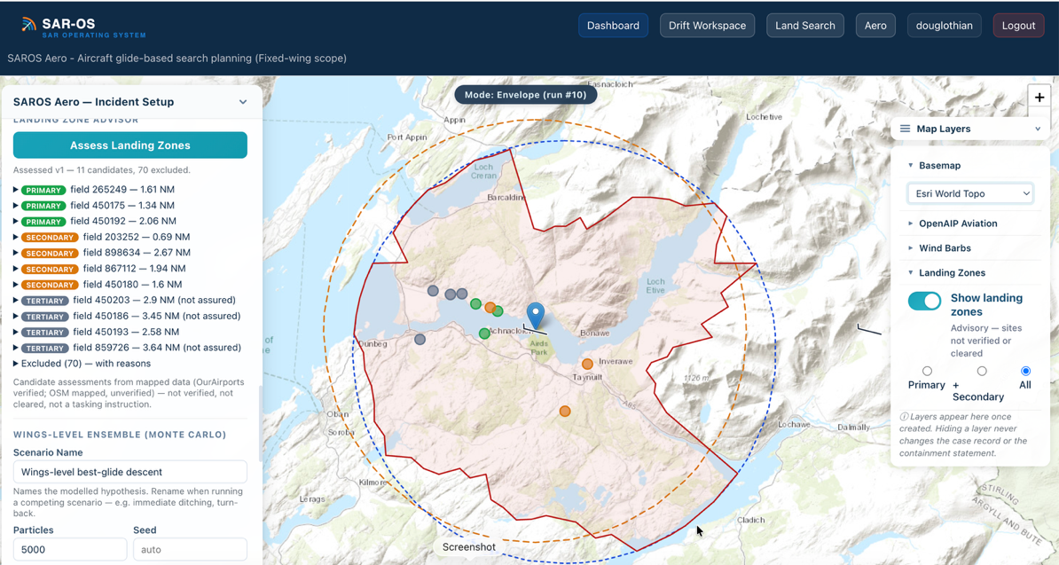 SAROS Aero Landing Zone Advisor ranking reachable sites — primary, secondary and tertiary candidates with distances and exclusions — inside a terrain-constrained glide envelope