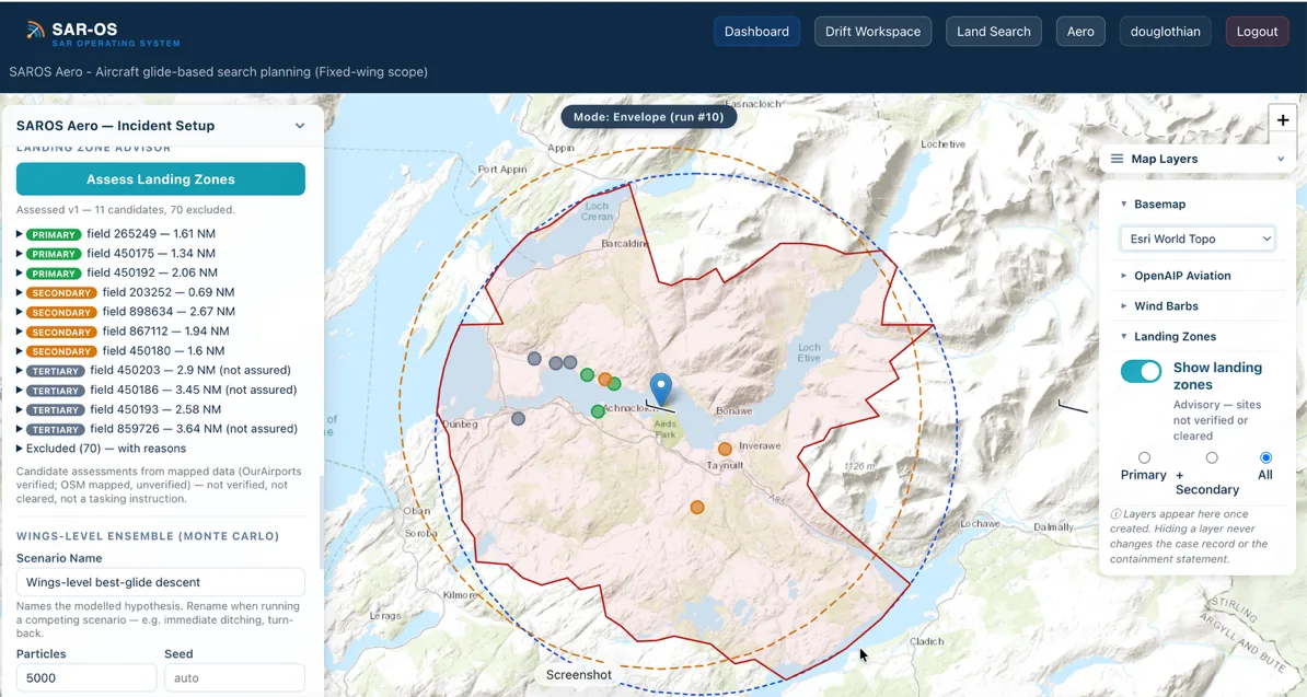 SAROS Aero Landing Zone Advisor ranking reachable sites — primary, secondary and tertiary candidates with distances and exclusions — inside a terrain-constrained glide envelope