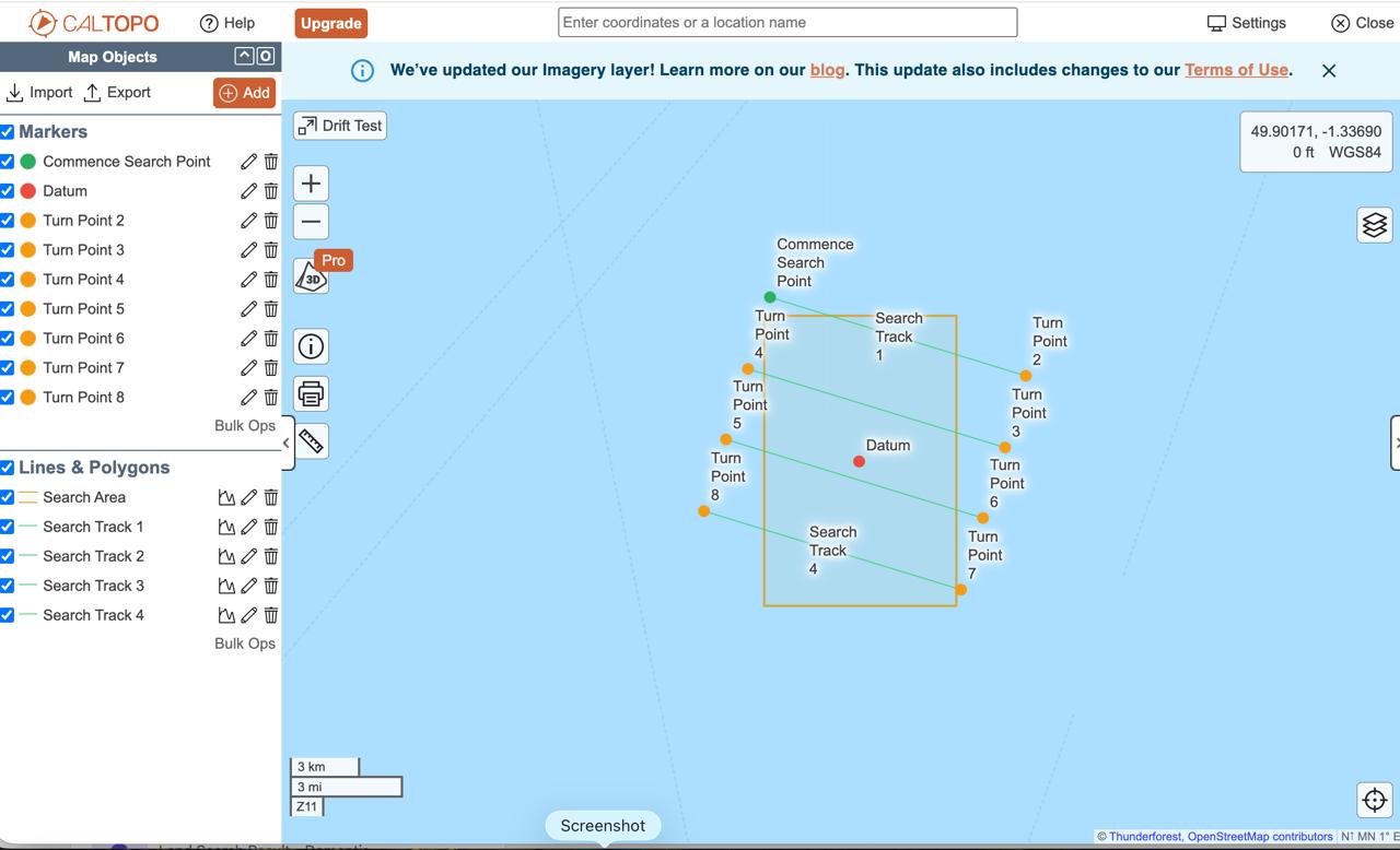 CalTopo map showing SAROS drift simulation search tracks, turn points and search area pushed via API