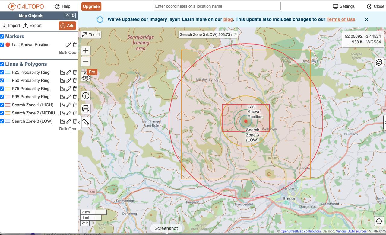 CalTopo map showing SAROS land search probability rings and search zones pushed via API