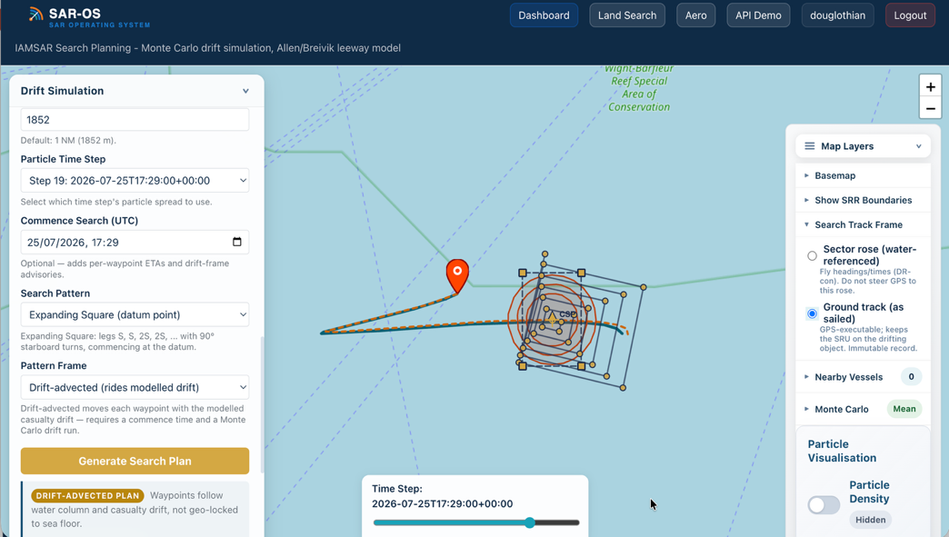 SAROS drift-advected expanding square search pattern riding the modelled drift, with the search track frame choice between water-referenced sector rose and GPS ground track