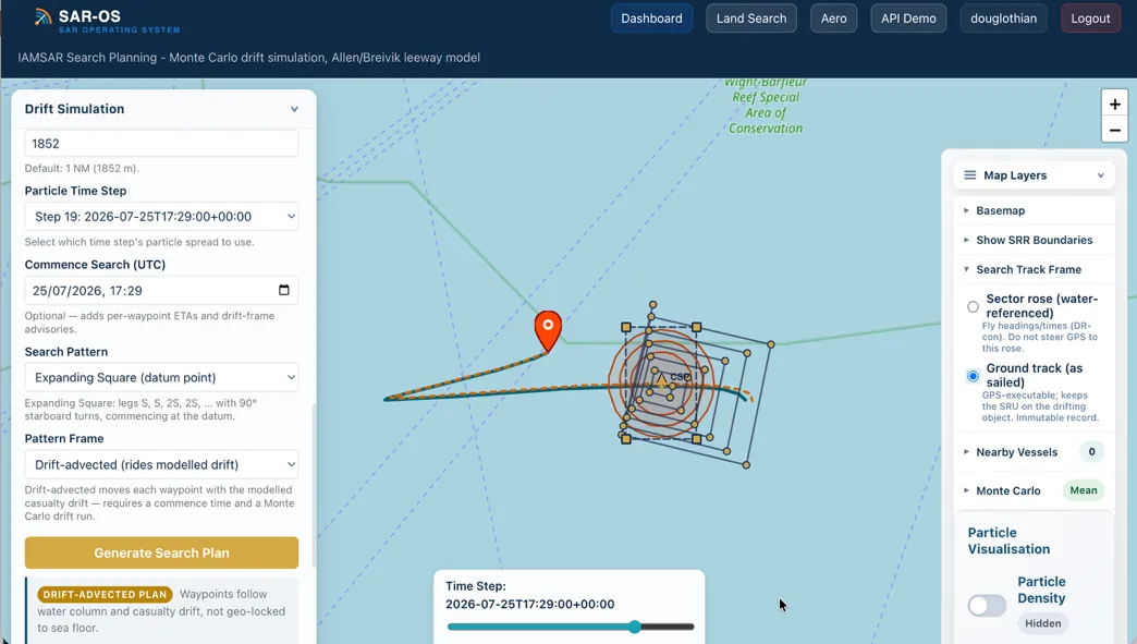 SAROS drift-advected expanding square search pattern riding the modelled drift, with the search track frame choice between water-referenced sector rose and GPS ground track