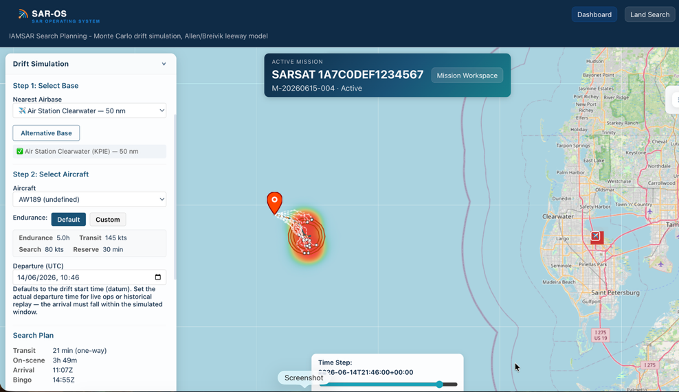 SAROS airbase and asset selection: nearest air station, aircraft type and endurance profile with computed transit, on-scene, arrival and bingo times beside the drift probability picture