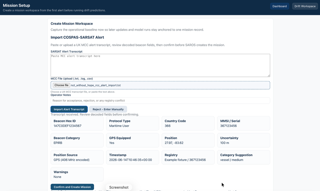 SAROS Mission Setup importing a COSPAS-SARSAT alert: MCC transcript decoded into beacon hex ID, protocol, position, uncertainty and registry fields for operator confirmation