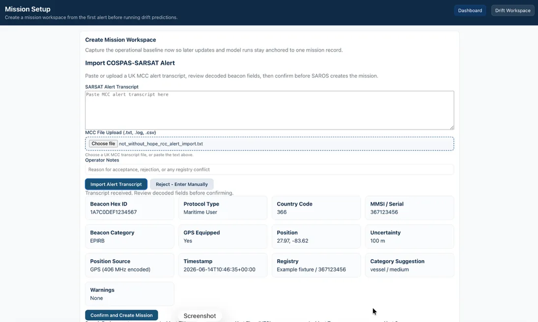 SAROS Mission Setup importing a COSPAS-SARSAT alert: MCC transcript decoded into beacon hex ID, protocol, position, uncertainty and registry fields for operator confirmation