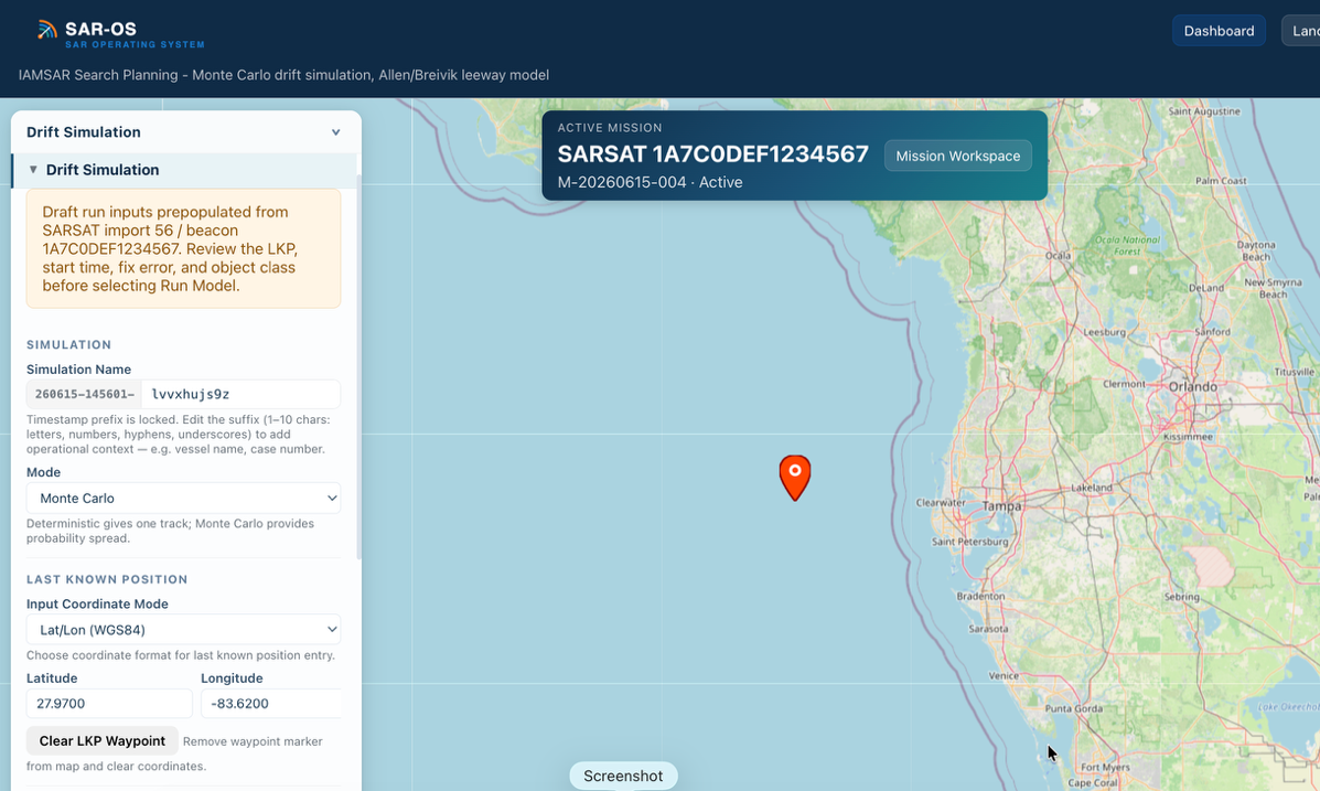 SAROS drift simulation pre-populated from the SARSAT beacon import, with the active mission banner anchoring the run to the mission record