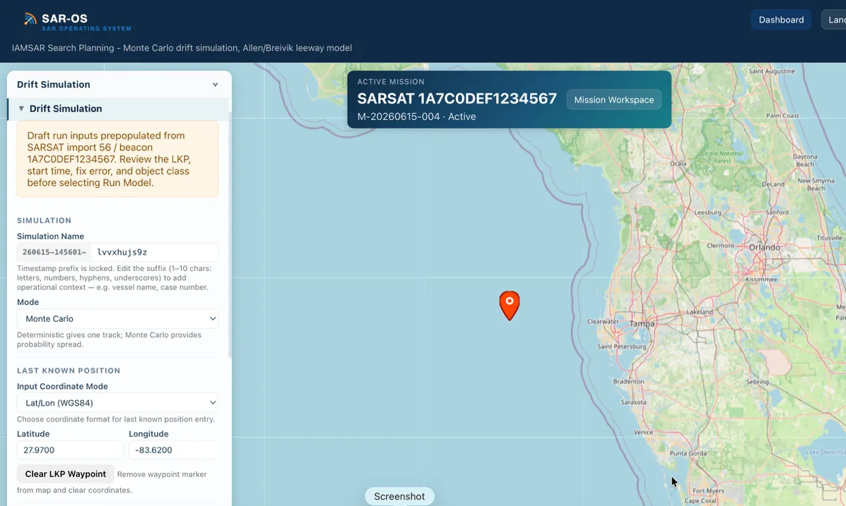 SAROS drift simulation pre-populated from the SARSAT beacon import, with the active mission banner anchoring the run to the mission record