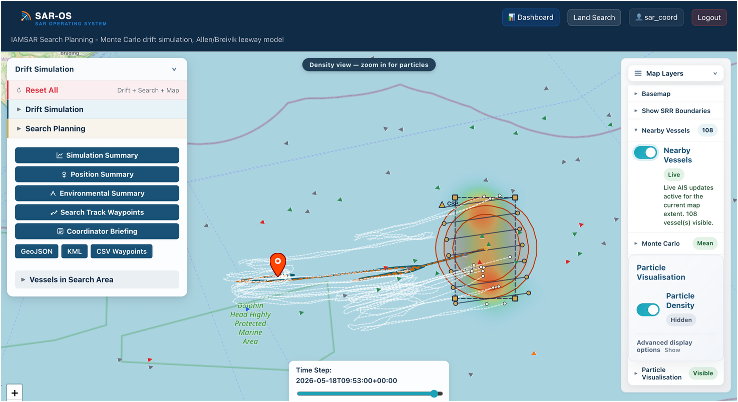 SAROS drift simulation showing Monte Carlo probability contours, search patterns and AIS vessel tracking on a maritime chart