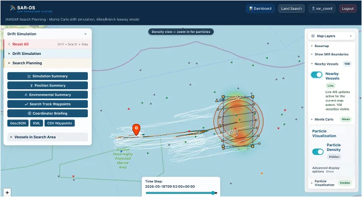 SAROS drift simulation showing Monte Carlo probability contours, search patterns and AIS vessel tracking on a maritime chart