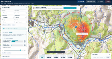 SAROS land search simulation showing Koester behavioural probability contours overlaid on terrain with lost person category profiles
