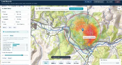 SAROS land search simulation showing Koester behavioural probability contours overlaid on terrain with lost person category profiles