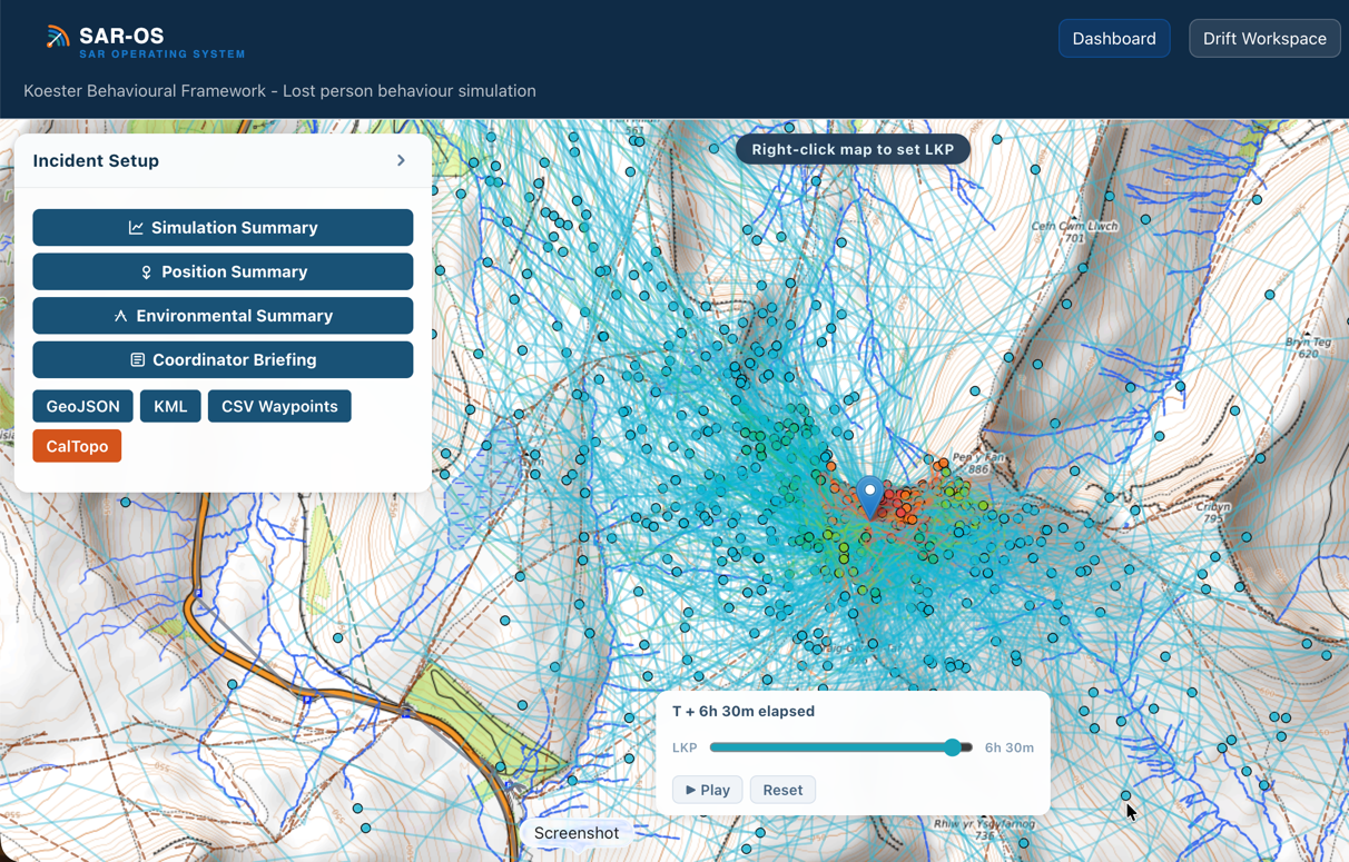 SAROS land search simulation at six and a half hours elapsed: thousands of terrain-aware particle trails tracing the path network and valleys of mountainous terrain around the last known position